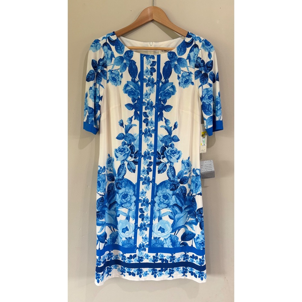 Eliza J Women's 8 Cream Blue Floral Border Print Sheath Dress Ballet Neck - Picture 2 of 9